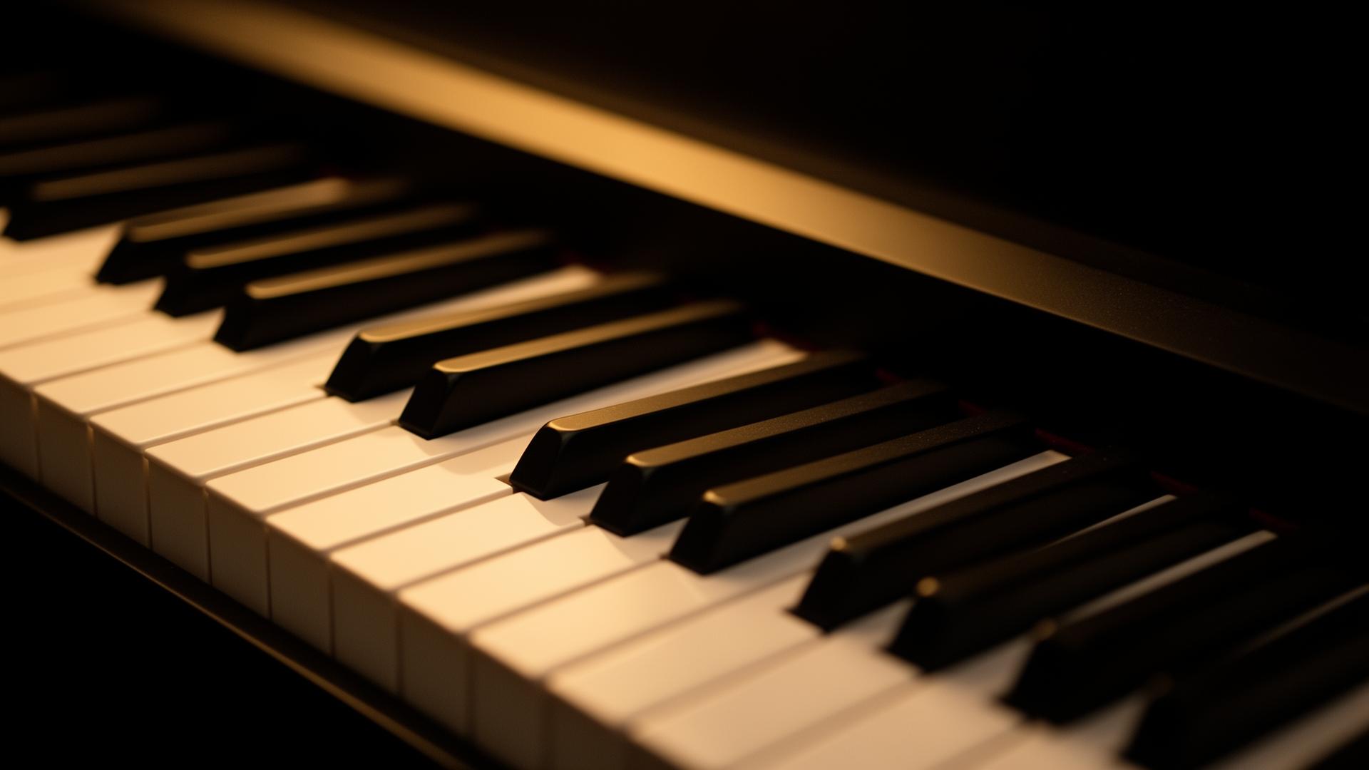 Close-up of piano keys in warm light